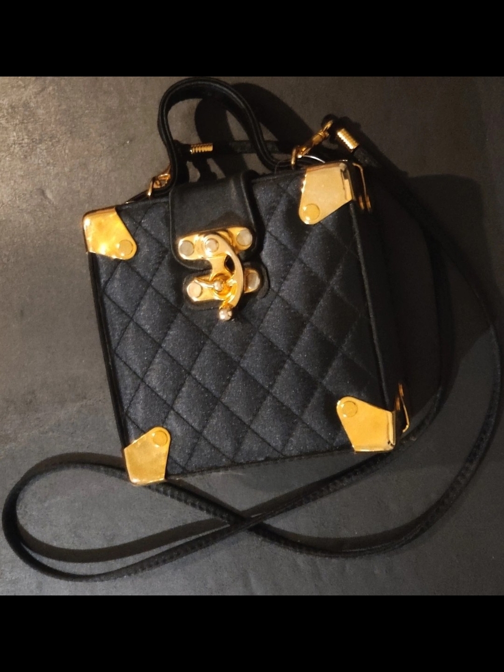 Vintage Jeanne Lottie Womens Quilted Textile Box Black Shoulder Bag...